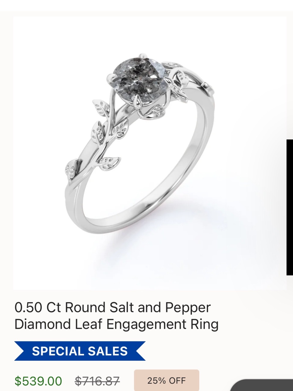 Salt and Pepper Diamond Leaf Ring in 10k White Gold